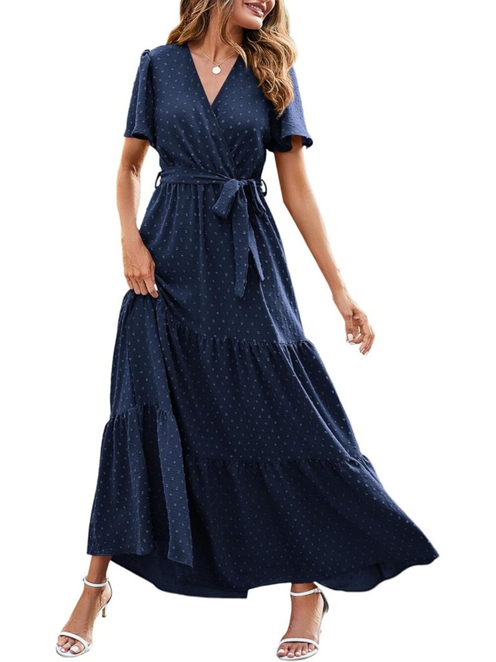 Boho Summer Swiss Dot Maxi Dress - V Neck, Flutter Sleeves, Flowy Wedding Guest